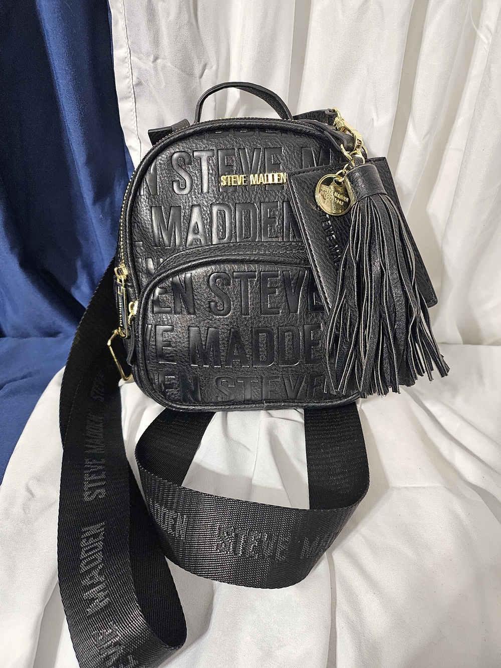 Steve Madden Black Embossed Logo Mini Backpack